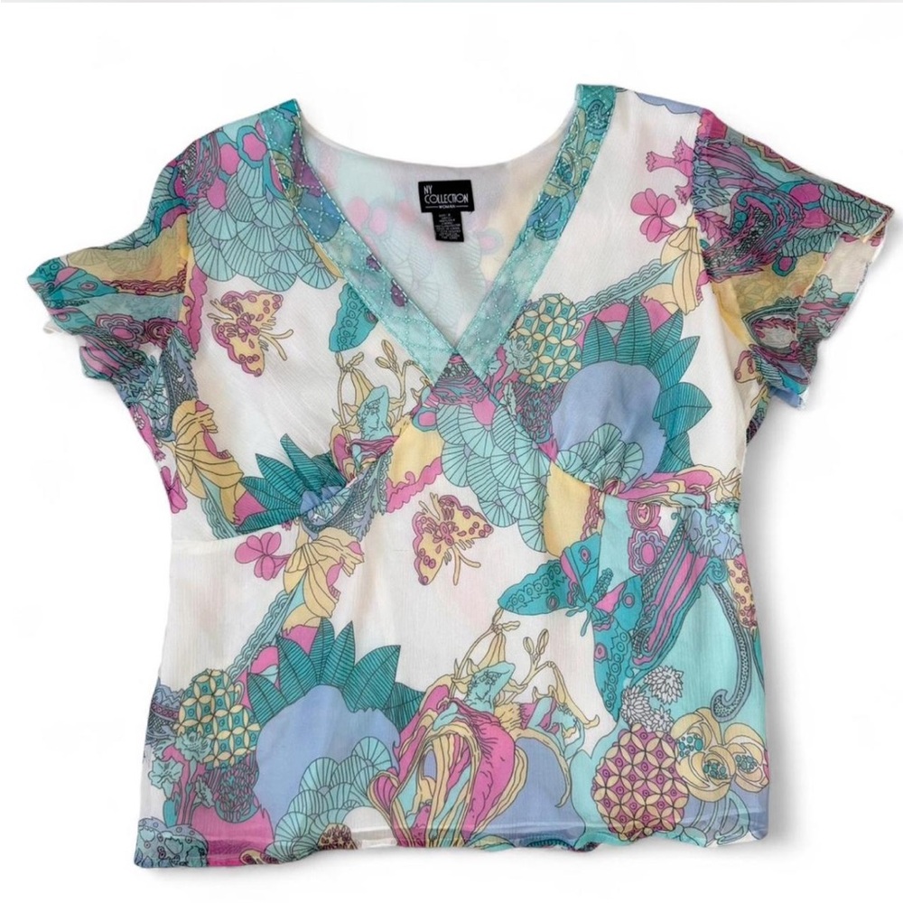 NY Collection 100% Silk Pastel Floral Beaded V-Neck Blouse Top